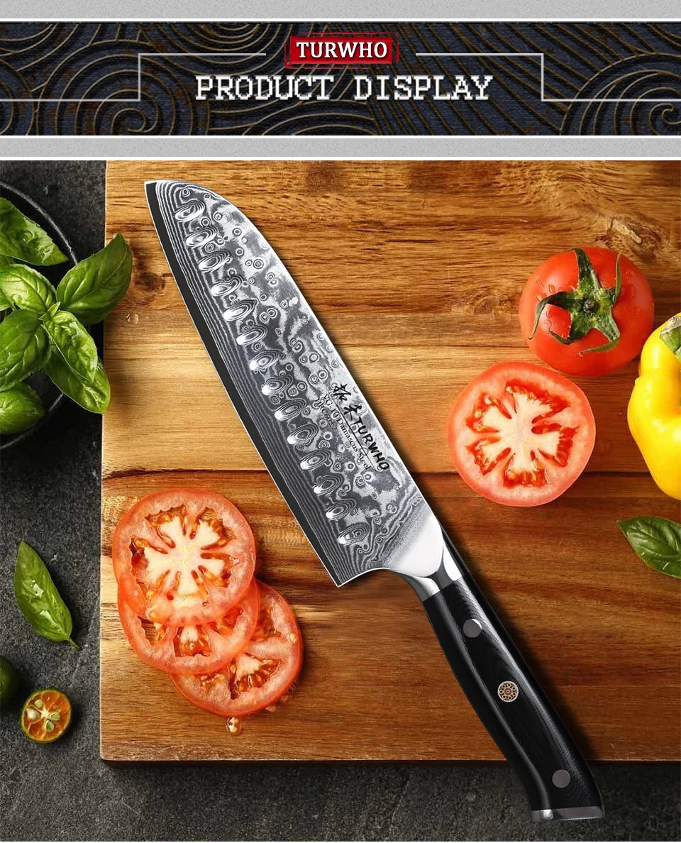 TURWHO 7" Japanese Style Santoku Knife Damascus Steel Professional Chef Knife Slicing Meat Cleaver Beef Kitchen Cooking Tools