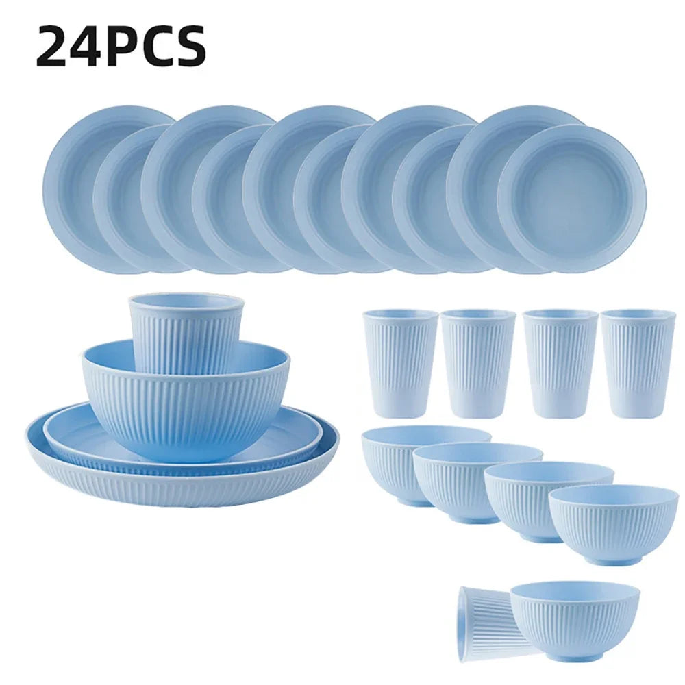 24Pcs/Set Black Unbreakable Dinner Plates Cup Wheat Straw Dinnerware Sets Microwave Dishwasher Safe Reusable Tableware Set