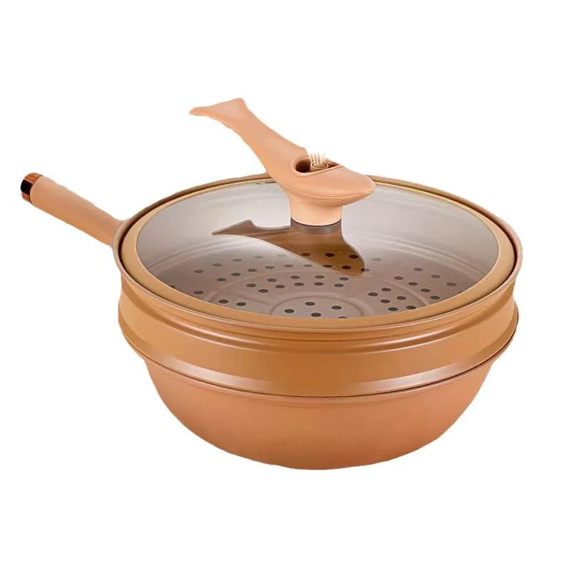 Non-Stick Clay Wok With Steamer Basket Clay Wok Micro-pressure Wok Multifunctional Non-stick Household Frying Pan Induction