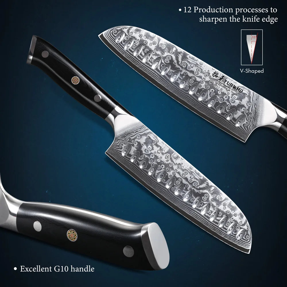 TURWHO 7" Japanese Style Santoku Knife Damascus Steel Professional Chef Knife Slicing Meat Cleaver Beef Kitchen Cooking Tools