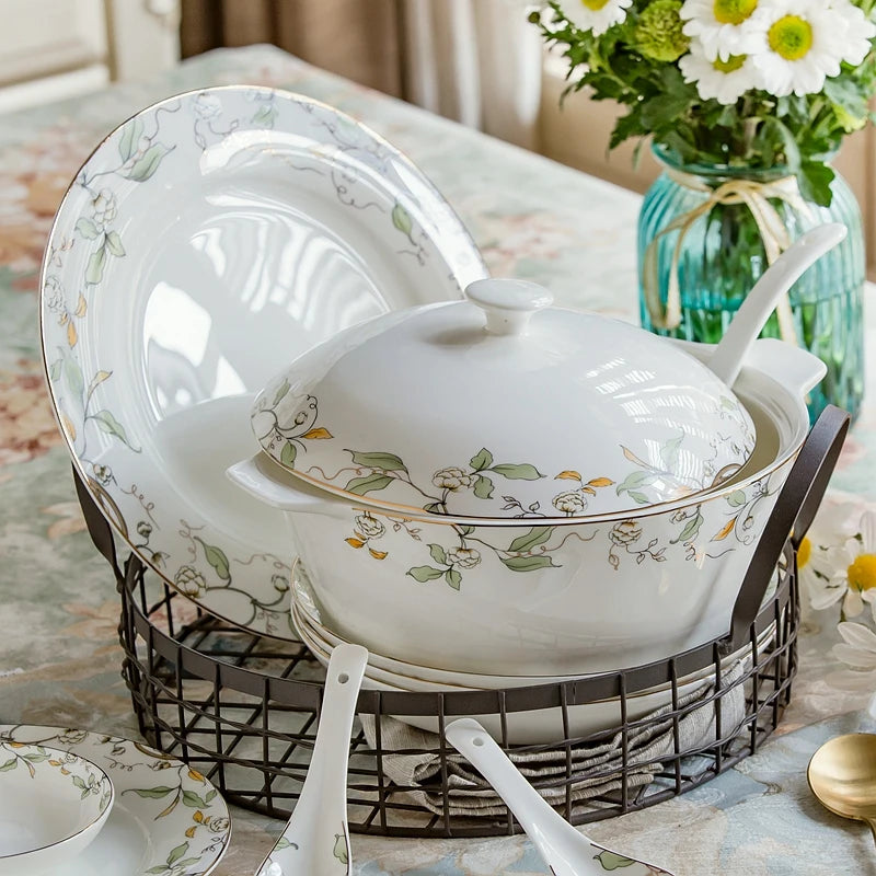46-piece set, royal floral painting, fine bone china unit of dinner, porcelain dinner plate set, crockery set of dish, bowl set