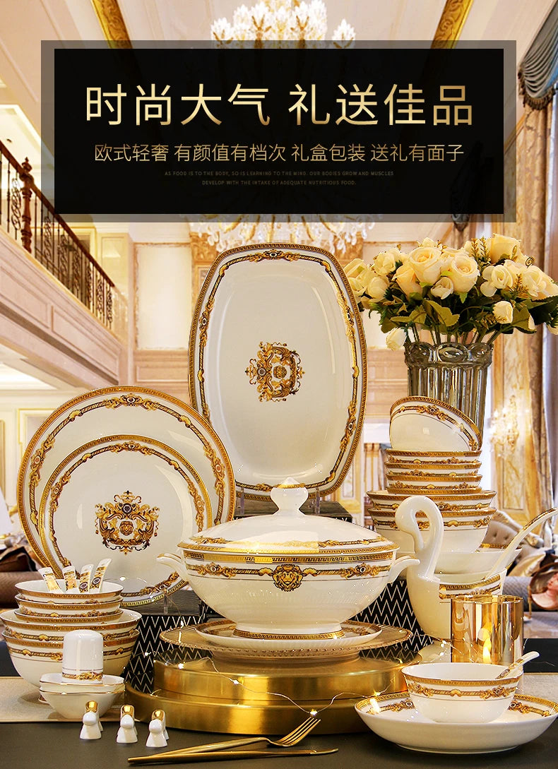 Gold Bone China Dinnerware Sets Ceramics Kitchen Gift Luxury Christmas Dinner Sets Wedding Party Vajillas Ceramica Dishes