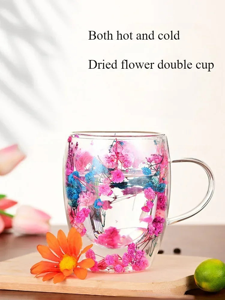 350ml Creative Double High borosilicate Glass Mugs with Handle Heat insulation Flower Milk Coffee Cups Home Water Cup Supplies