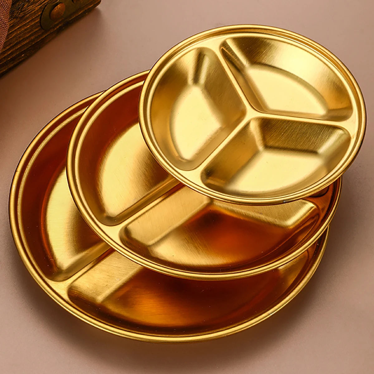 2pcs/set Korean Style Barbecue Dipping Dish Creative Stainless Steel Circular Grid Plate Thickened Golden Sauce Dish Snack Plate