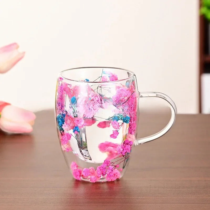 350ml Creative Double High borosilicate Glass Mugs with Handle Heat insulation Flower Milk Coffee Cups Home Water Cup Supplies