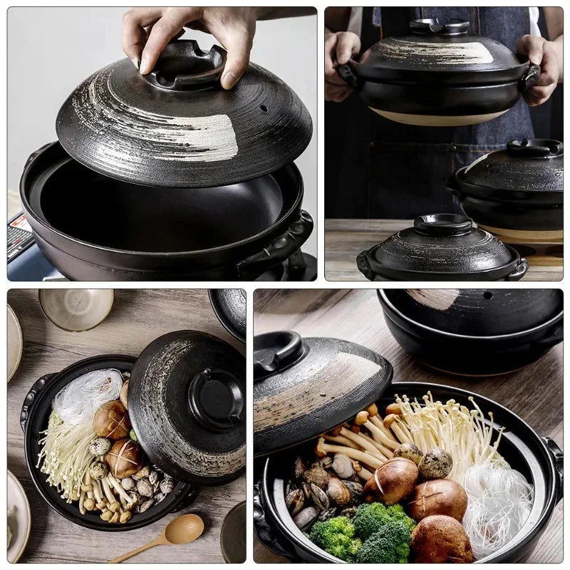 0.9L Ceramic Clay Pot Cooking Casserole Japanese Stew Soup Pot With Lid Earthenware Hot Pot Stockpot Dish Pan Cookware Stock Pot