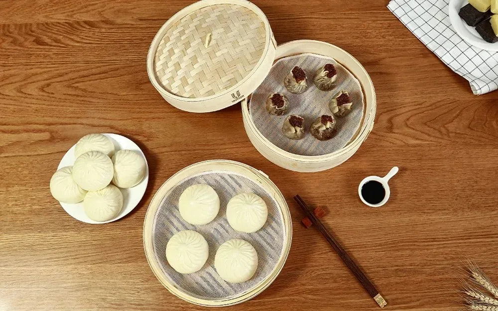 Handmade Bamboo Steamer 3 Tier & Lid Premium Bamboo Steamer Basket 100% Natural Bamboo Rolls Chicken Fish and 10 Inch Meat