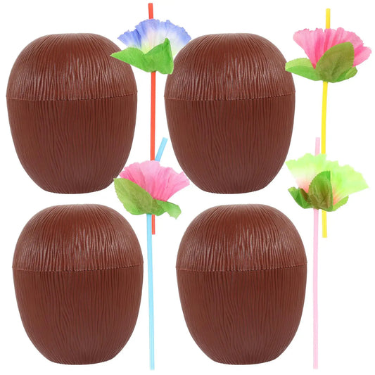 4 Pcs 500ml Coconut Shaped Cups Plastic Straws Luau Party Supplies Beach Hawaiian Event Decorations Lightweight Portable Outdoor