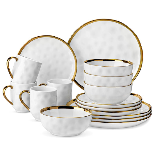 LOVECASA 16/32 Piece White Handmade Dinnerware Set with Gold Trim Stonewre Set Dinner Plate/Dessert Plate/Cup/Bowl Tableware Set