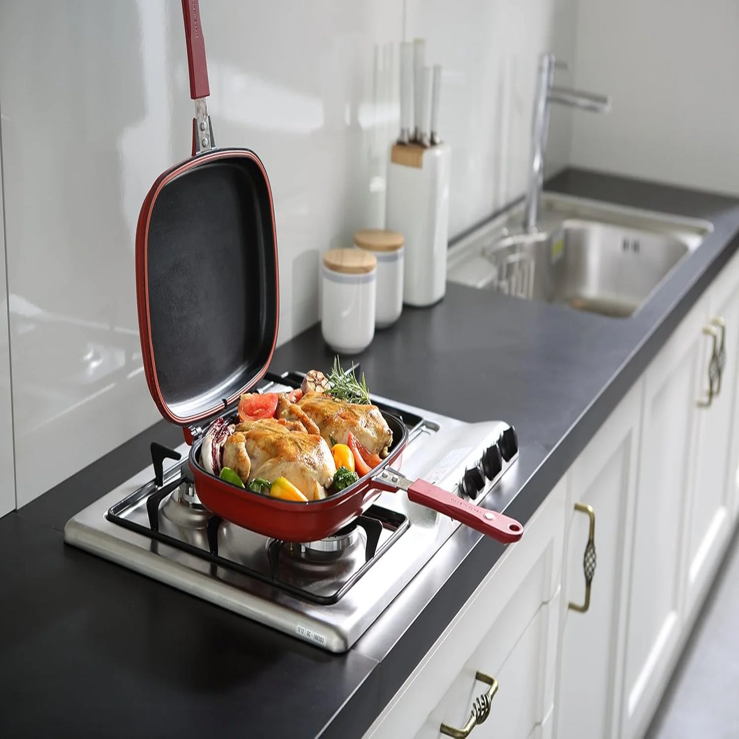 Innovative Multi Purpose Double Pan in Red - Versatile Cooking Tool for Delicious Meals