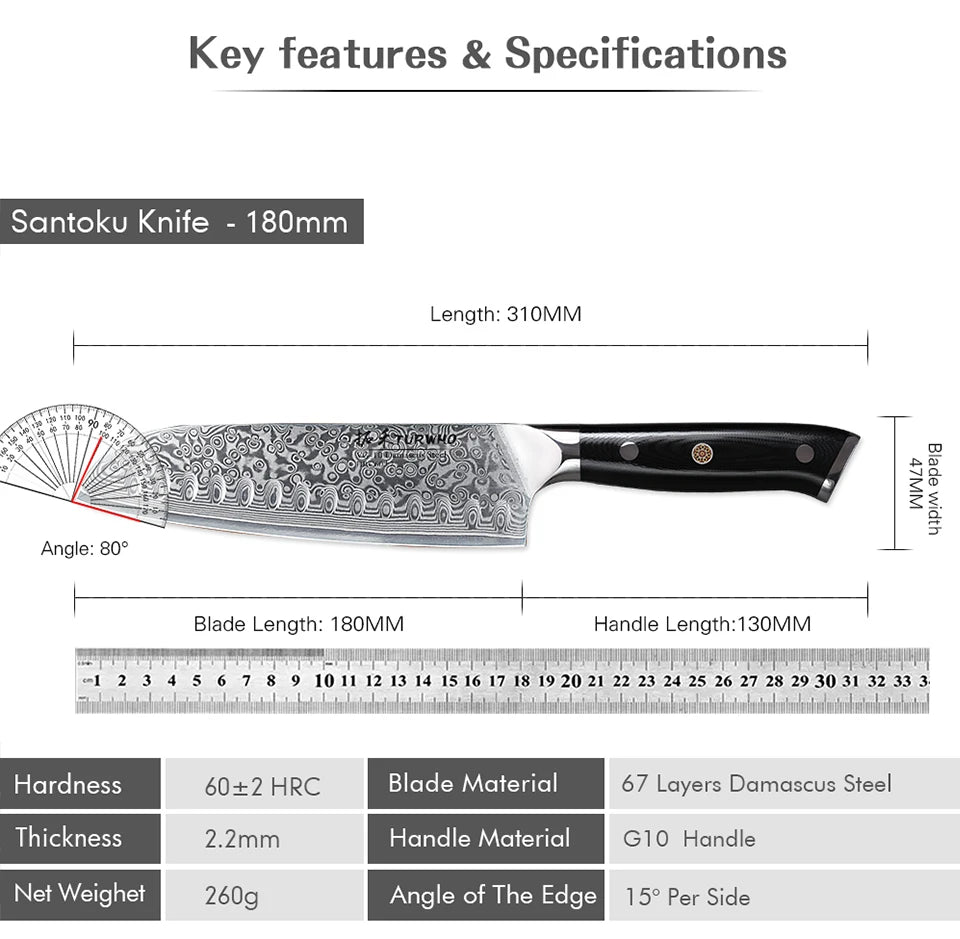 TURWHO 7" Japanese Style Santoku Knife Damascus Steel Professional Chef Knife Slicing Meat Cleaver Beef Kitchen Cooking Tools