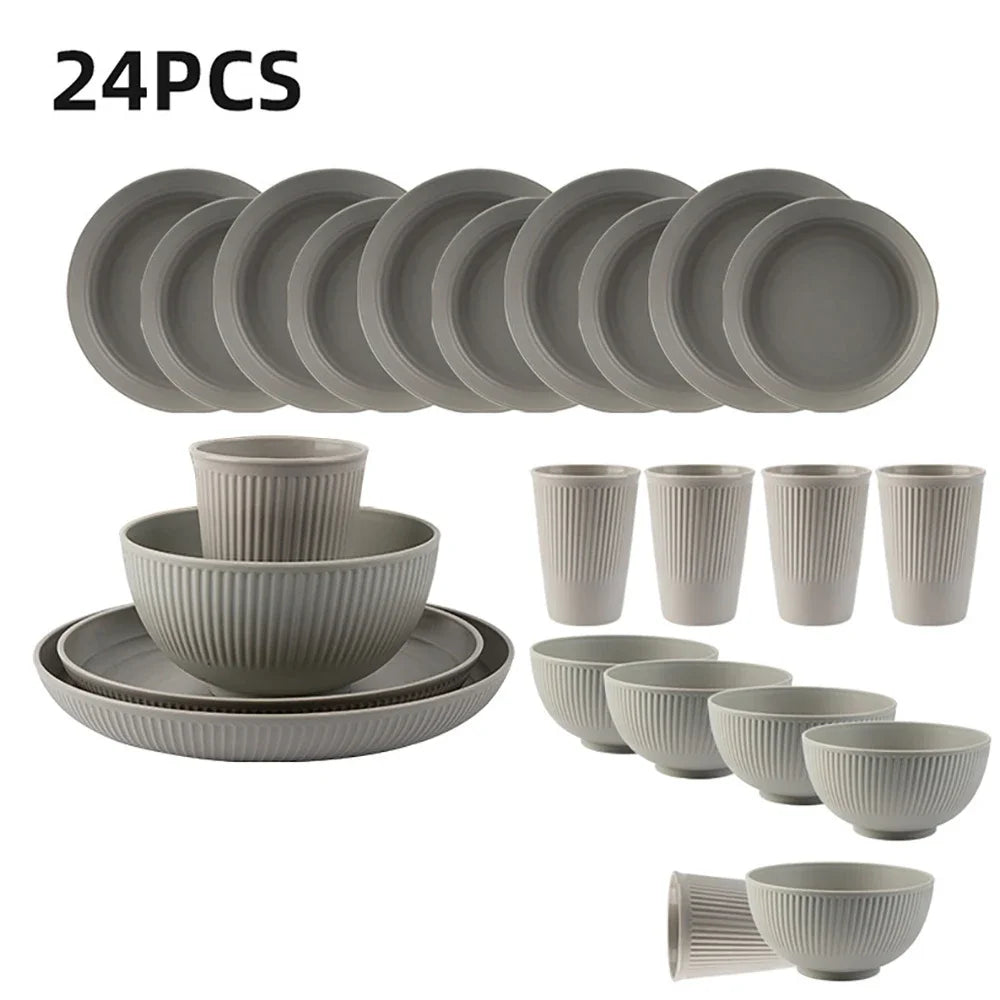 24Pcs/Set Black Unbreakable Dinner Plates Cup Wheat Straw Dinnerware Sets Microwave Dishwasher Safe Reusable Tableware Set