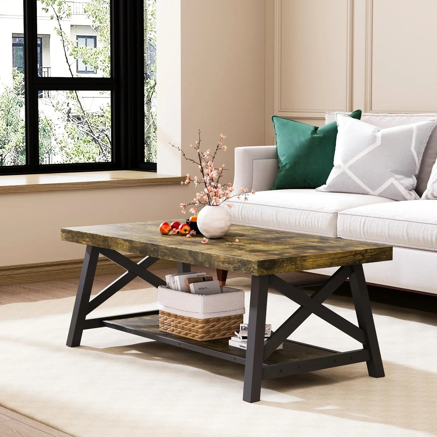 For Living Room,Farmhouse Coffee Table Living Room Small Tables 45" Modern 2-Tier Coffee Tables Coffee Table with Storage