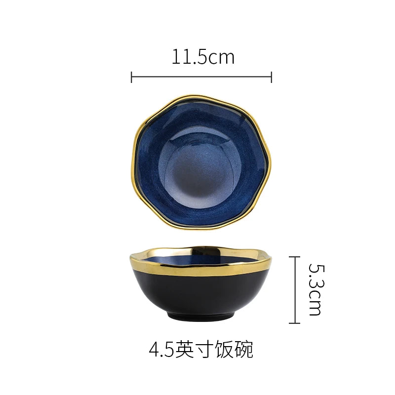 Creative Irregular Ceramic Plate Bowl Nordic Blue Glaze Irregular Golden Edge Steak Plate Main Dish Plate Household Tableware