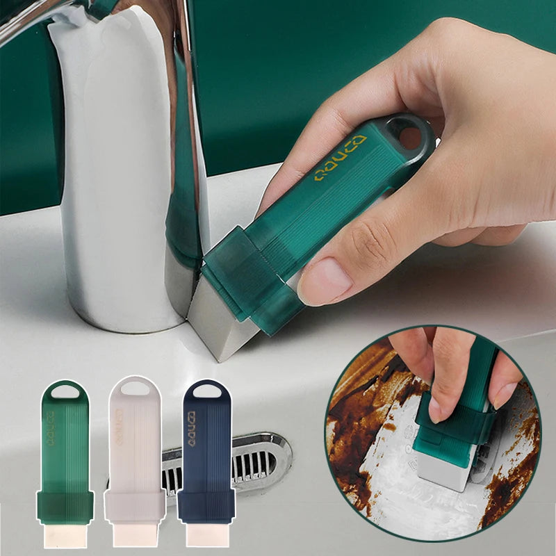 Reusable kitchen limescale eraser cleaning tool removing stains from a faucet.