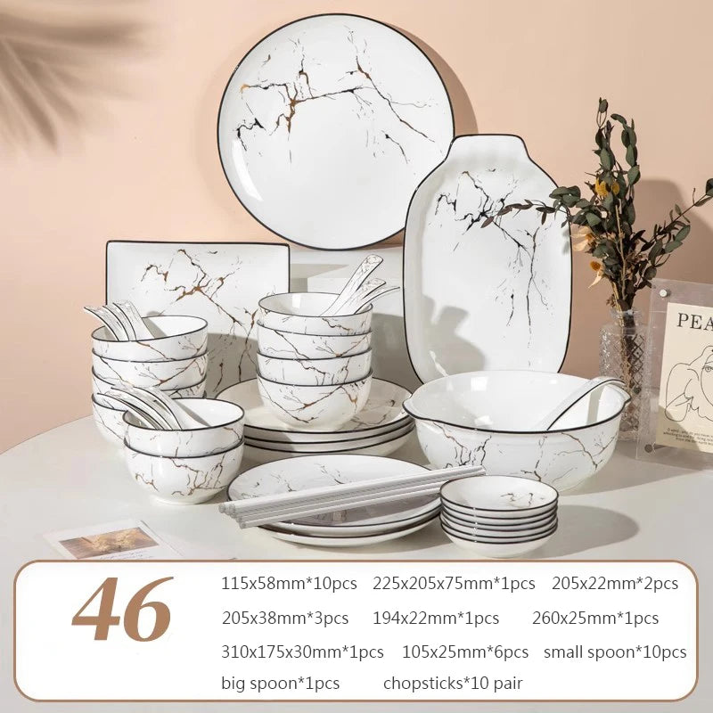 Black Border Ceramic Dishes and Plates Sets, Creative Marble Dinner Plate, Nordic Round Dessert Dishes, Household Tableware