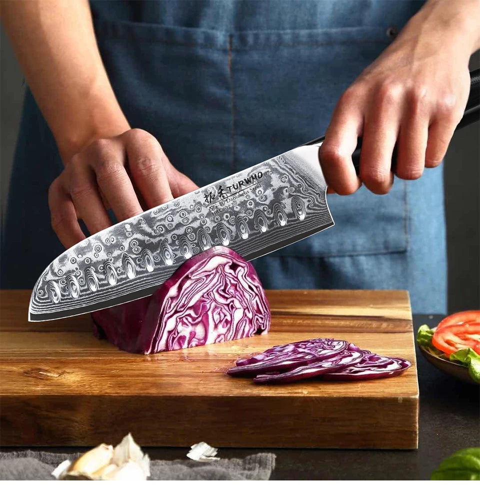 TURWHO 7" Japanese Style Santoku Knife Damascus Steel Professional Chef Knife Slicing Meat Cleaver Beef Kitchen Cooking Tools
