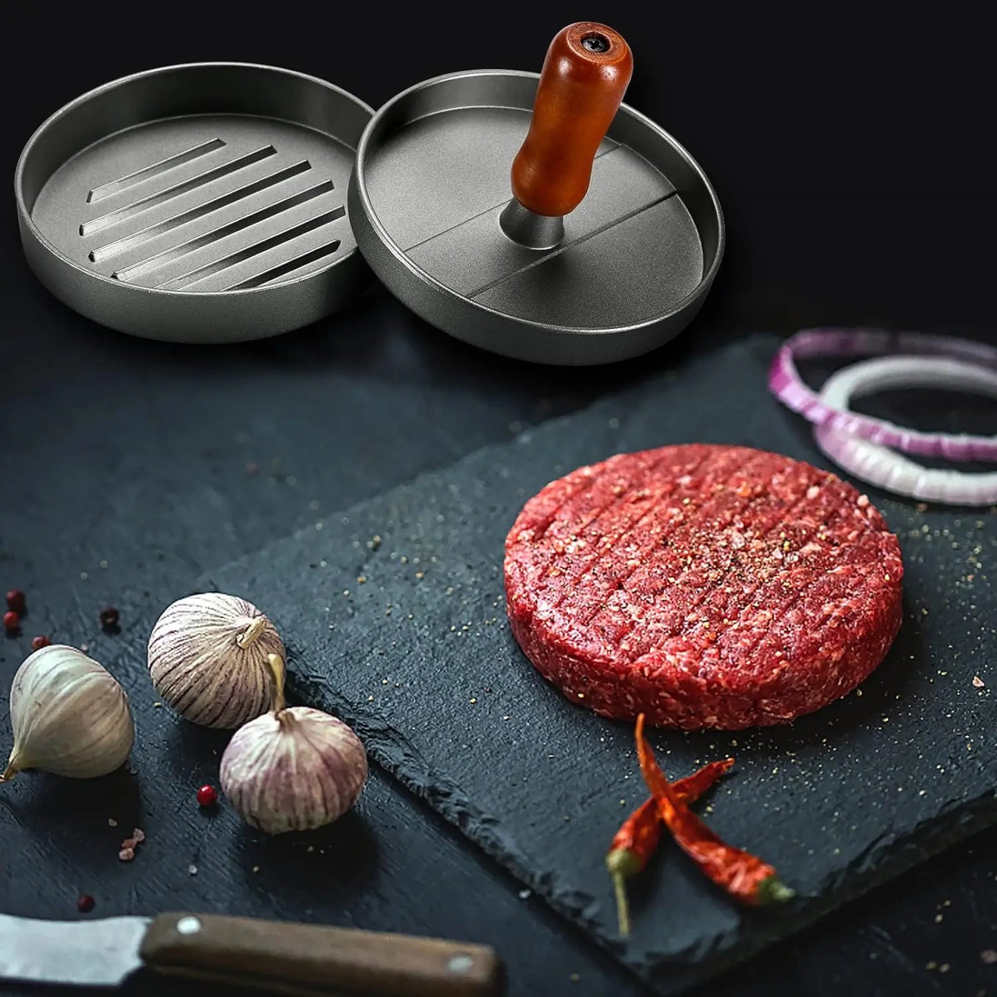 Burger Press Patty Maker Stainless Steel Hamburger Patty Press Mold Wood Handle Non-Stick with 100 Patty Papers