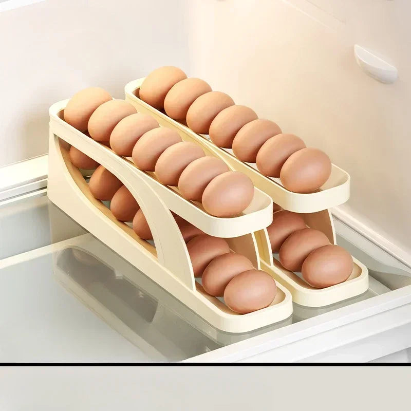 Double Layers Egg Storage Box Refrigerator Automatic Rolling Slide Egg Rack Refrigerator Side Door Freshness Box Kitchen Storage