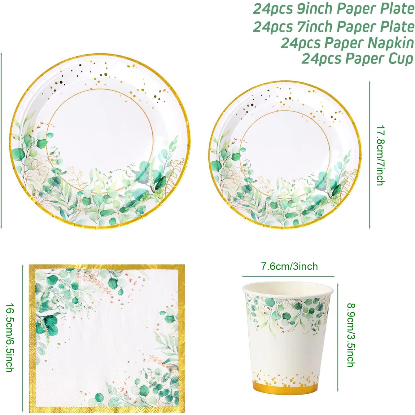 96pcs Green Party Tableware Set - Eucalyptus Paper Plates, Cups, Napkins for 24 Guests, Ideal for Birthday, Wedding, Home Decor