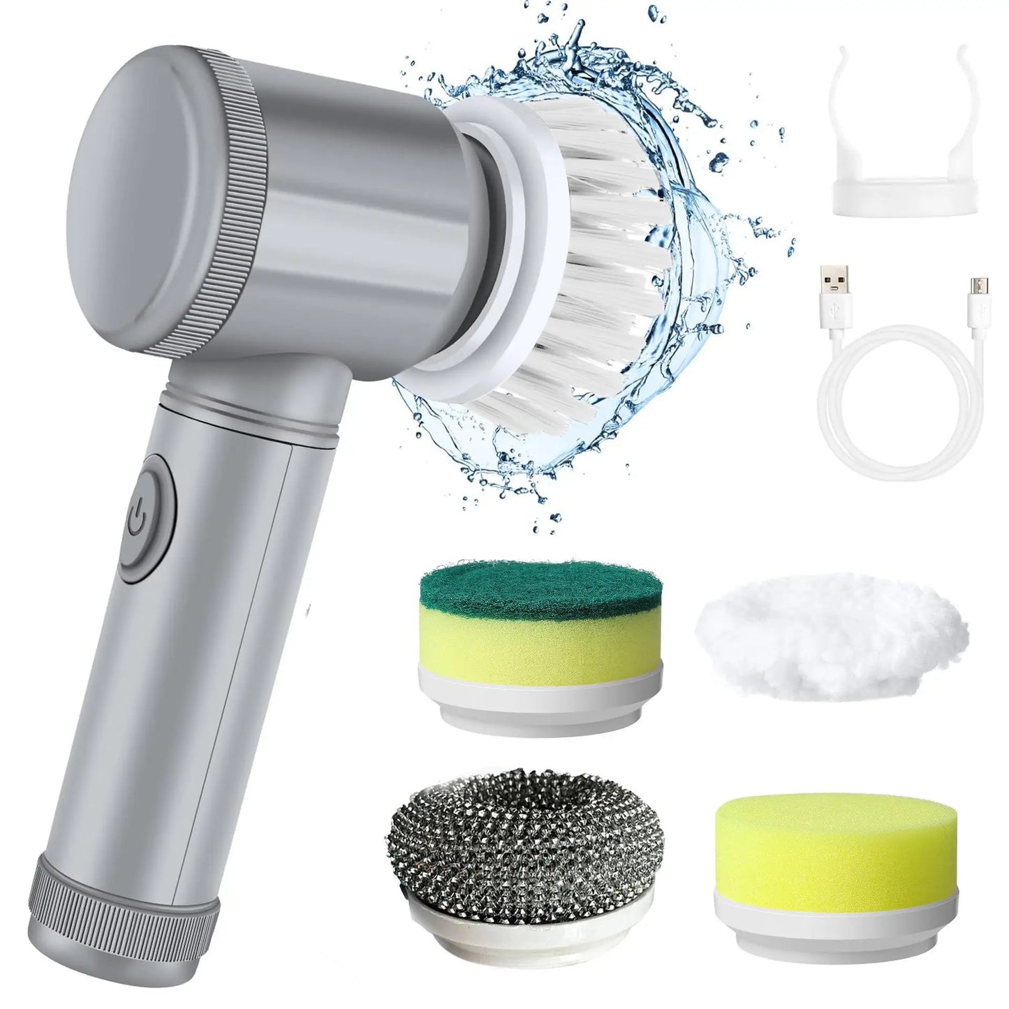 Xiaomi 5 in 1 electric cleaning brush with detachable heads, charging cable, and water splash design for deep cleaning.