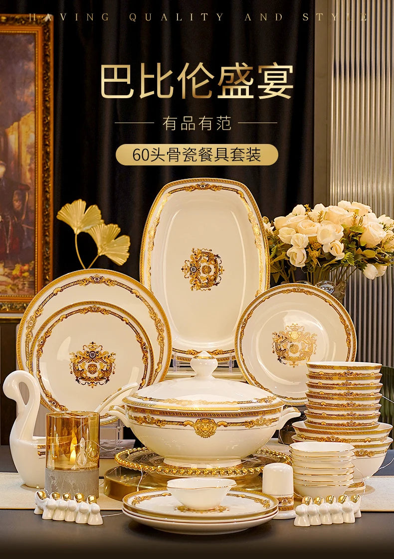 Gold Bone China Dinnerware Sets Ceramics Kitchen Gift Luxury Christmas Dinner Sets Wedding Party Vajillas Ceramica Dishes