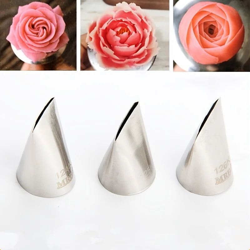 3pcs Piping Nozzles Set,Stainless Steel Rose Icing Cream Cake Piping Tips For Dessert Biscuit Cup Cake, 126k-125k-124K