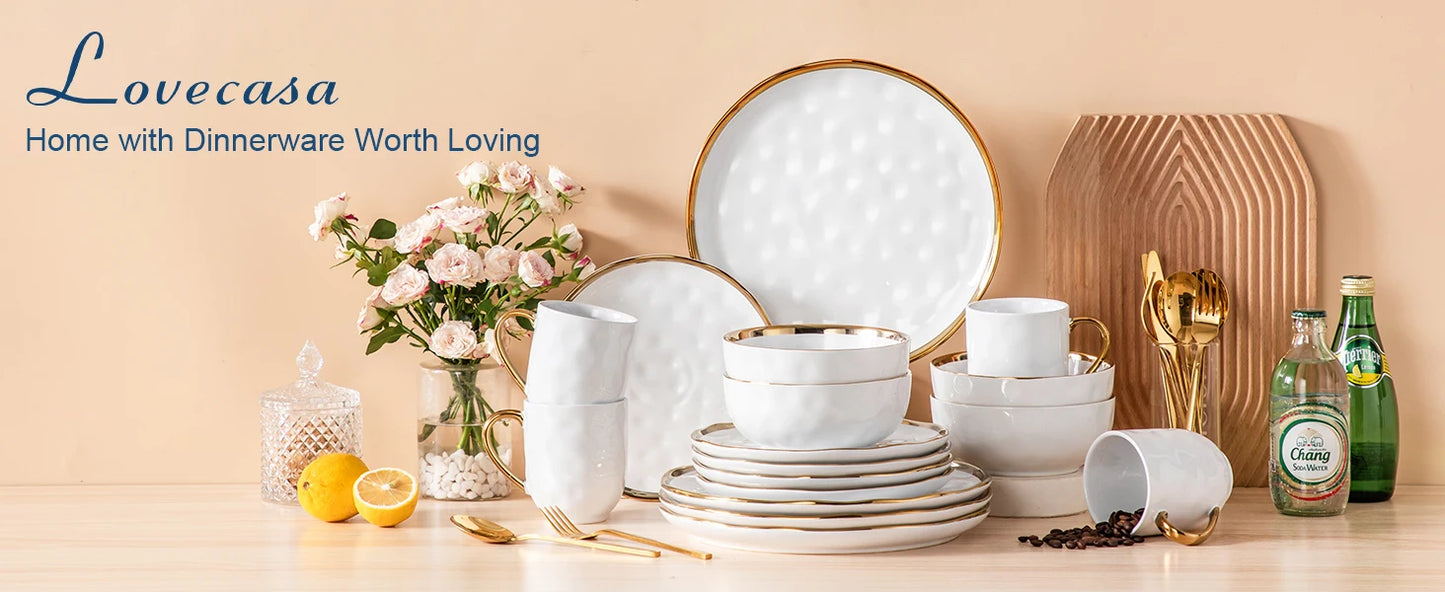 LOVECASA 16/32 Piece White Handmade Dinnerware Set with Gold Trim Stonewre Set Dinner Plate/Dessert Plate/Cup/Bowl Tableware Set