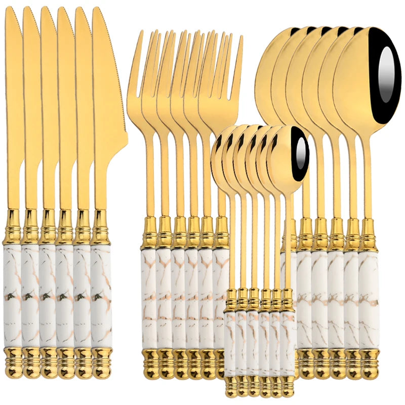 AJOYOUS 24/30Pcs Dinnerware Stainless Steel Ceramic Knife Cake Fork Tea Spoon Dinnerware Set Dinner Tableware Set Flatware