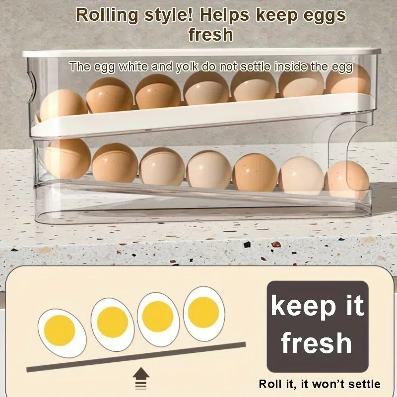 Double Layers Egg Storage Box Refrigerator Automatic Rolling Slide Egg Rack Refrigerator Side Door Freshness Box Kitchen Storage