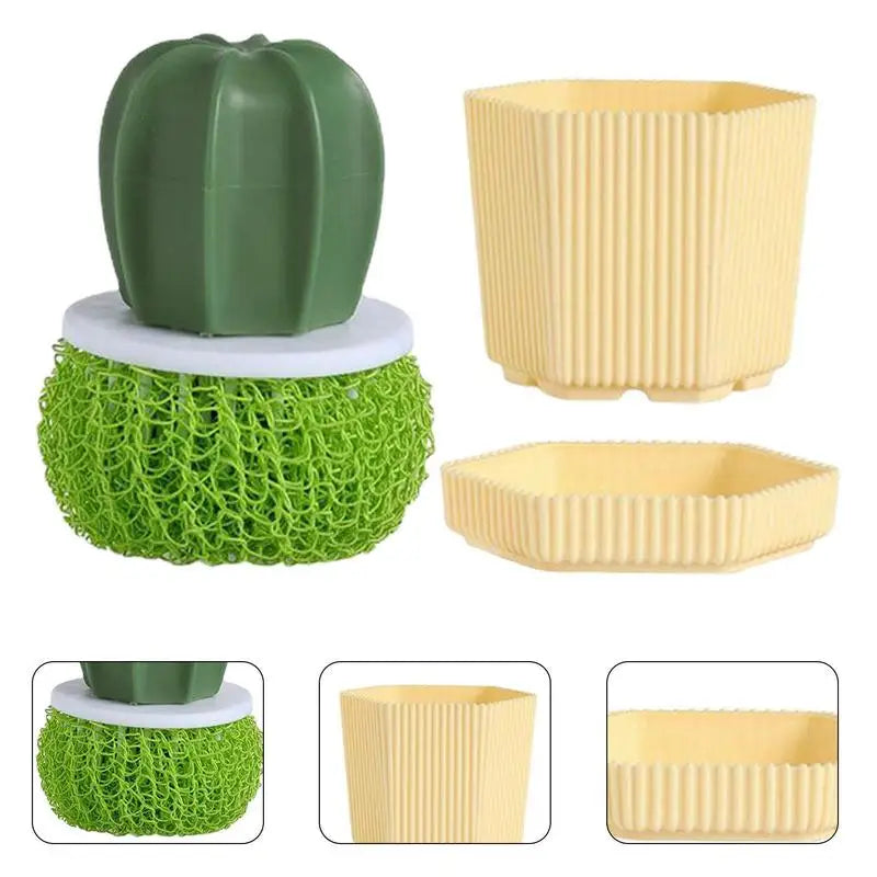 Cactus-shaped dish scrubber with detachable sponge, showcasing ergonomic design and versatile cleaning pads.