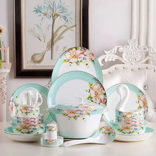 49pcs, bone china korean dinnerware set, floral vintage ceramic japanese bento boxes, plate & bowl, kitchen accessories, dishes