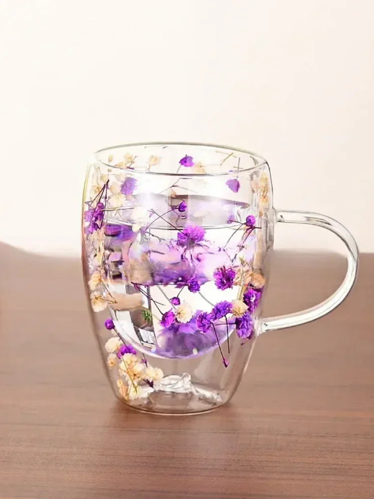 350ml Creative Double High borosilicate Glass Mugs with Handle Heat insulation Flower Milk Coffee Cups Home Water Cup Supplies