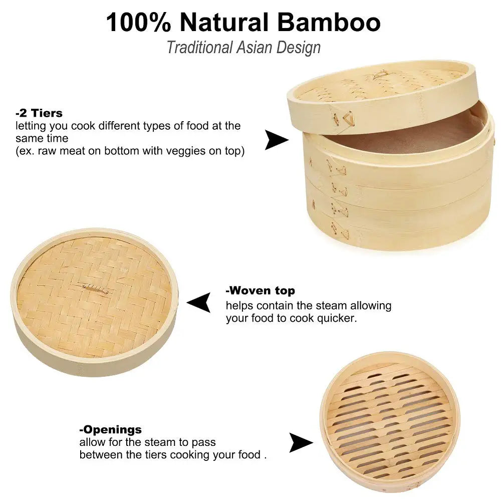 Handmade Bamboo Steamer 3 Tier & Lid Premium Bamboo Steamer Basket 100% Natural Bamboo Rolls Chicken Fish and 10 Inch Meat