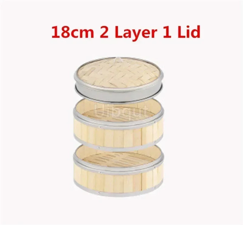 Bamboo Food Steamer basket with Stainless Steel Banding No Lid Bun Steaming Basket Dumplings DimSum Cage Cooker Kitchen Gadget