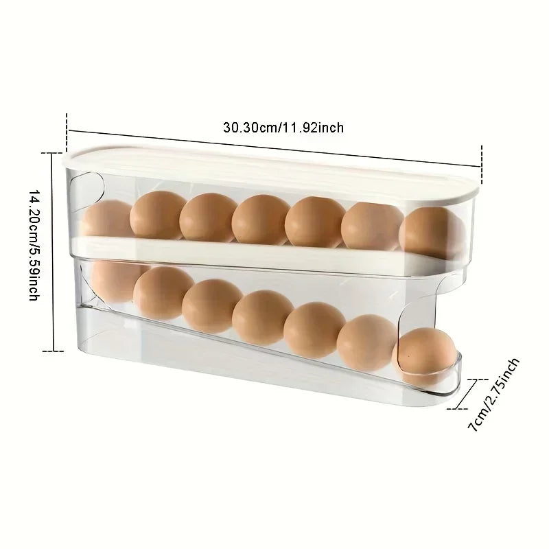 Double Layers Egg Storage Box Refrigerator Automatic Rolling Slide Egg Rack Refrigerator Side Door Freshness Box Kitchen Storage