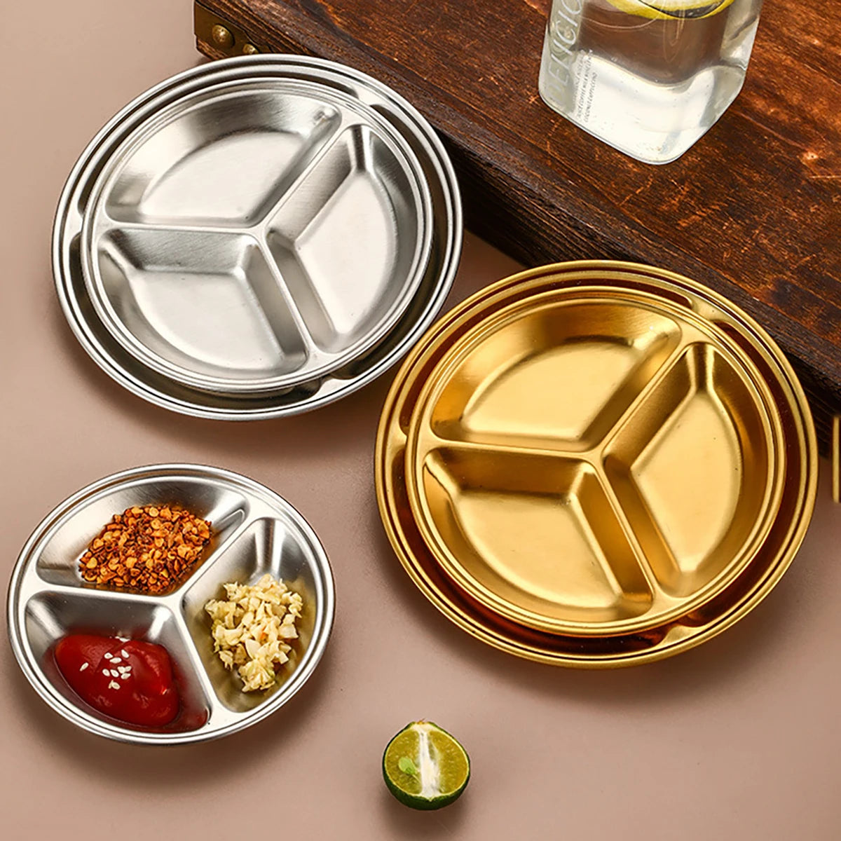 2pcs/set Korean Style Barbecue Dipping Dish Creative Stainless Steel Circular Grid Plate Thickened Golden Sauce Dish Snack Plate