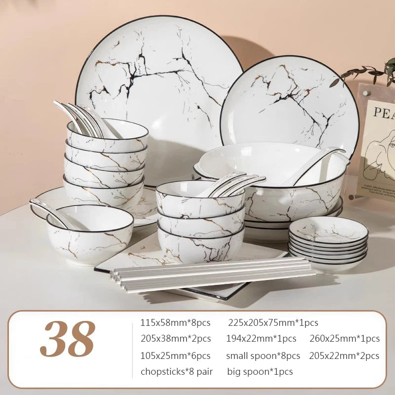 Black Border Ceramic Dishes and Plates Sets, Creative Marble Dinner Plate, Nordic Round Dessert Dishes, Household Tableware
