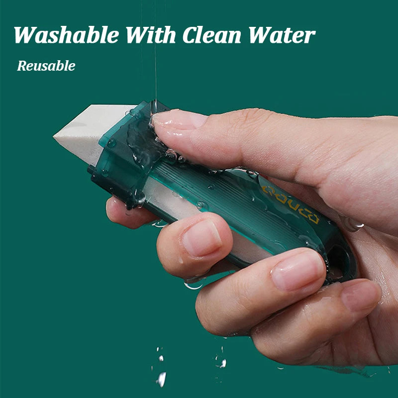 Hand holding a reusable kitchen cleaning tool, designed to be washed with clean water for easy maintenance.