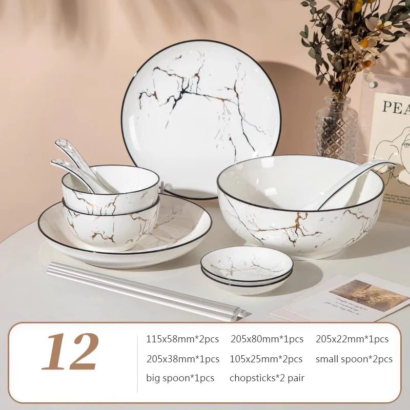 Black Border Ceramic Dishes and Plates Sets, Creative Marble Dinner Plate, Nordic Round Dessert Dishes, Household Tableware