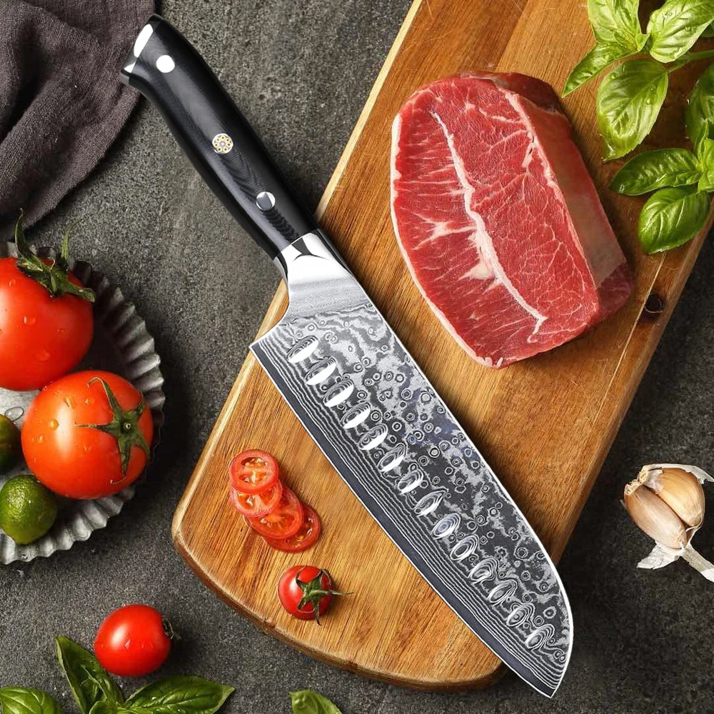 TURWHO 7" Japanese Style Santoku Knife Damascus Steel Professional Chef Knife Slicing Meat Cleaver Beef Kitchen Cooking Tools