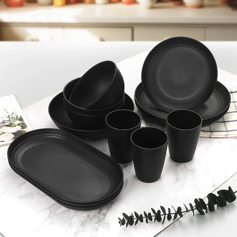 24pcs Plastic cutlery set dishes, plates, cups, black dinner plates gift set for outdoor camping