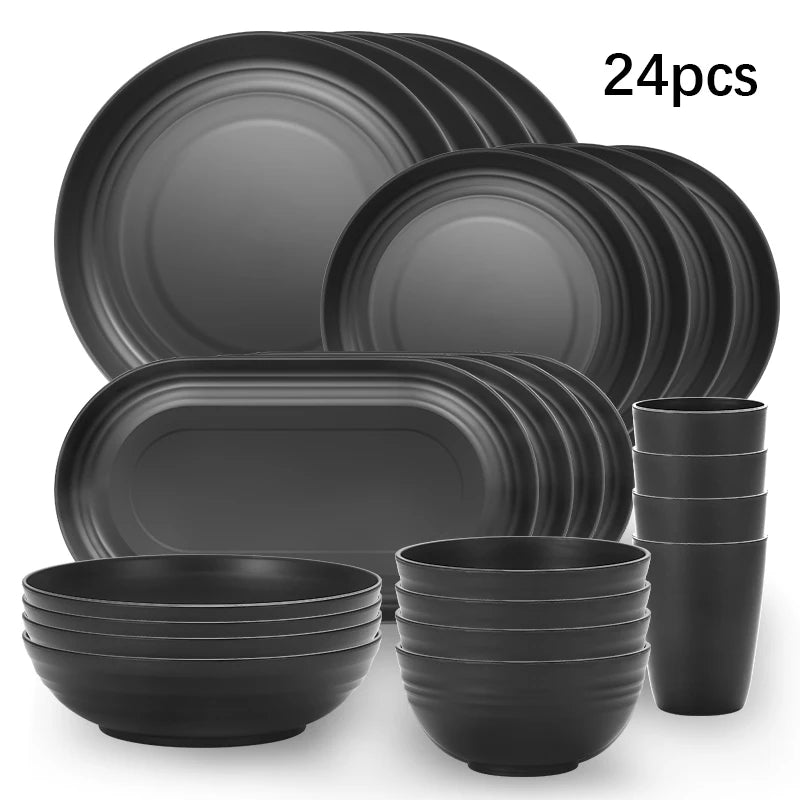 24pcs Plastic cutlery set dishes, plates, cups, black dinner plates gift set for outdoor camping