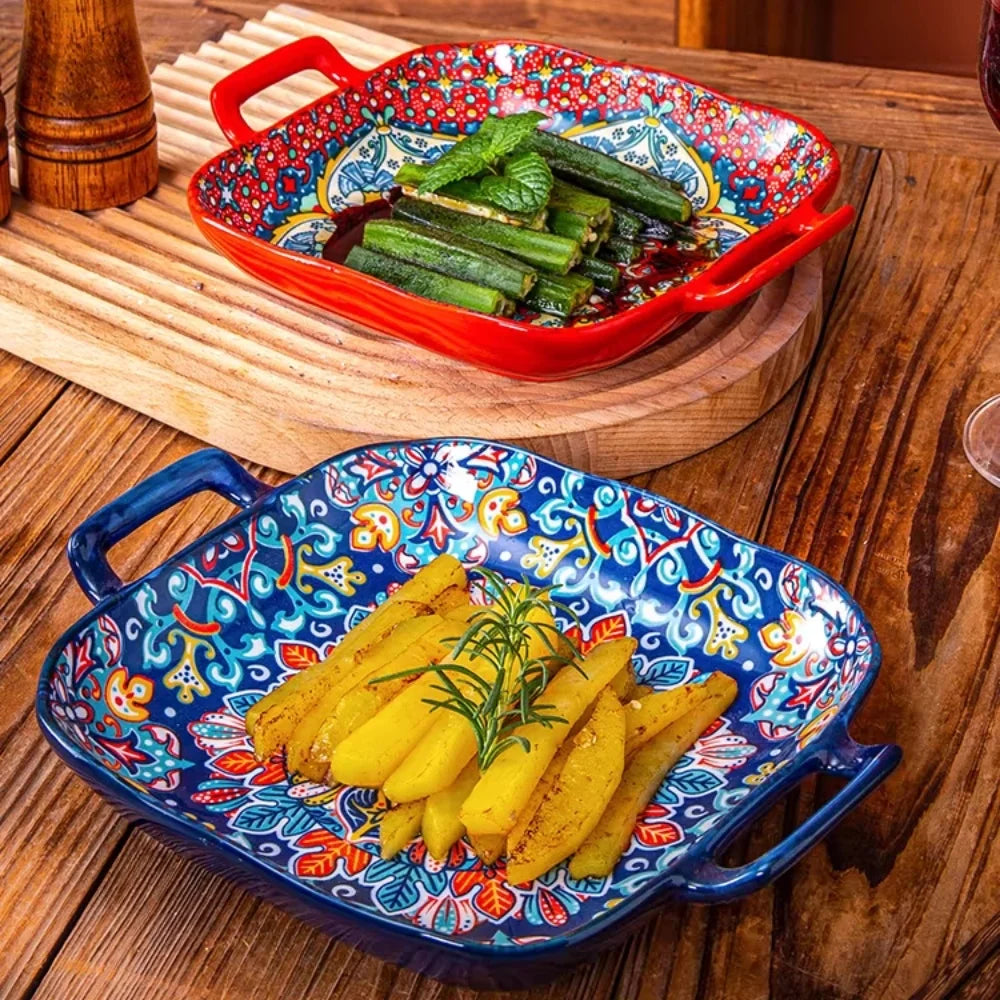 Hand-painted bohemian ceramic baking dish Square with handles For pasta and desserts Suitable for oven and microwave.