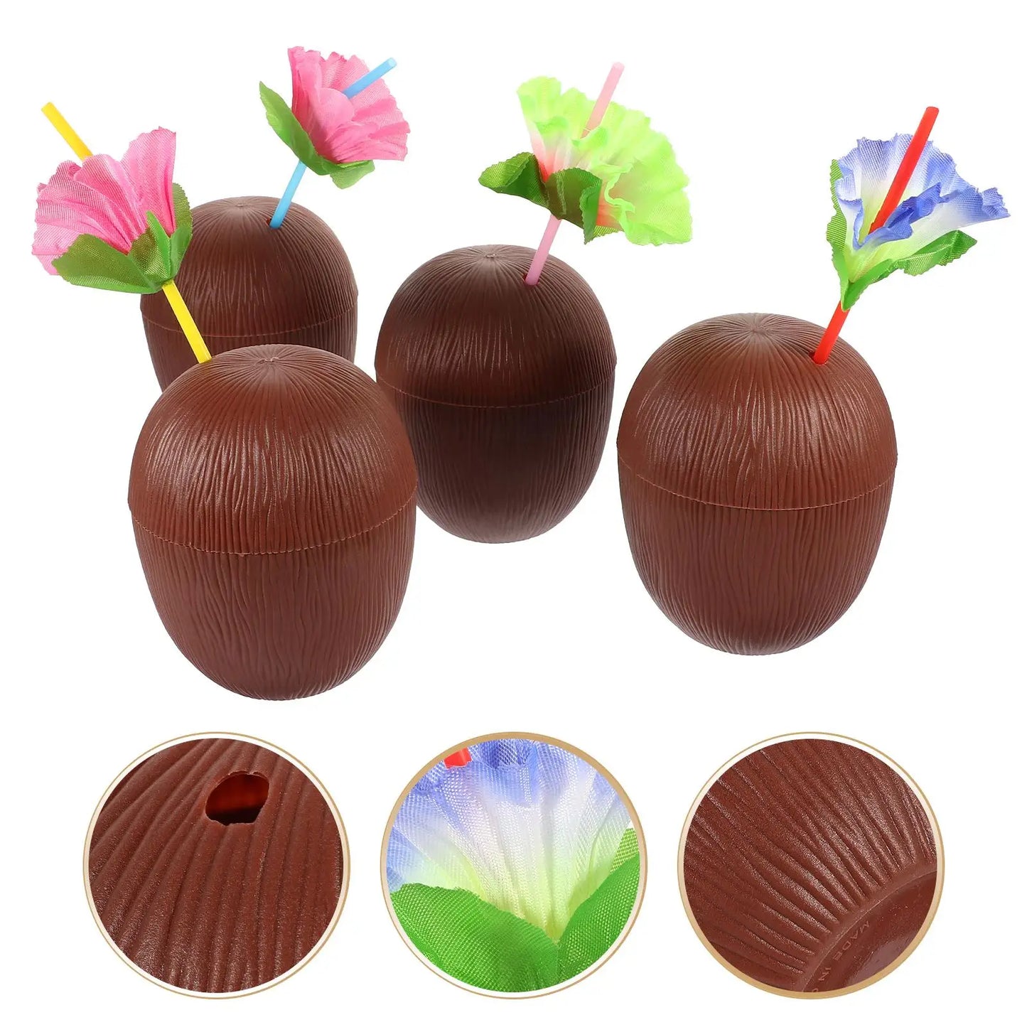 4 Pcs 500ml Coconut Shaped Cups Plastic Straws Luau Party Supplies Beach Hawaiian Event Decorations Lightweight Portable Outdoor