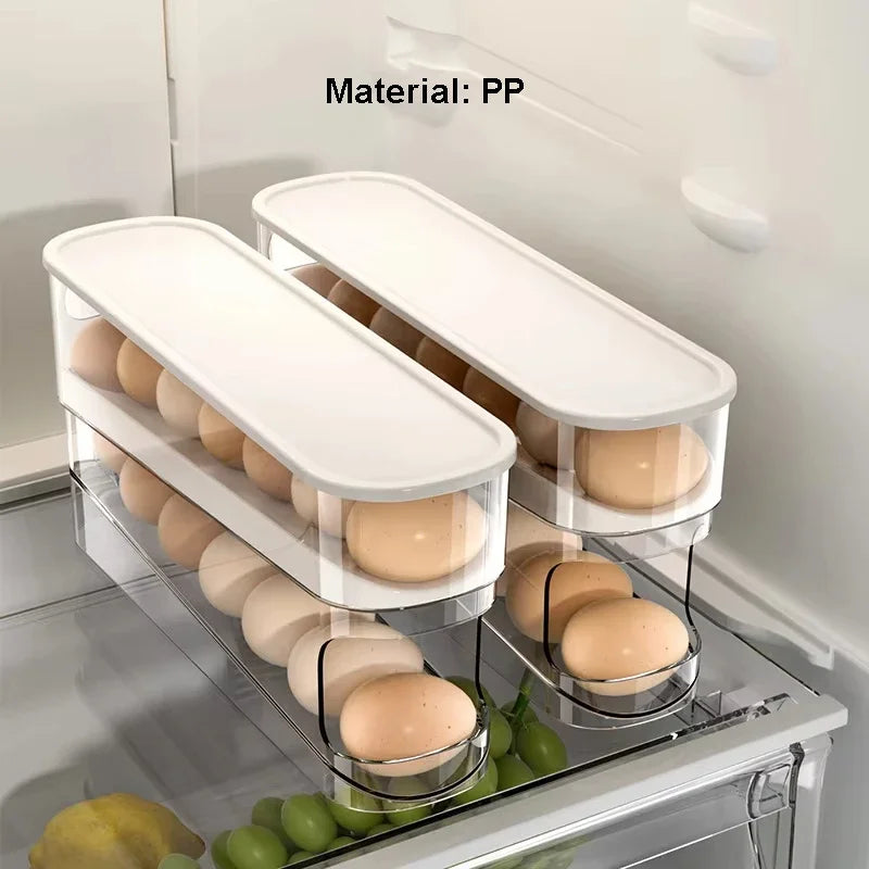 Double Layers Egg Storage Box Refrigerator Automatic Rolling Slide Egg Rack Refrigerator Side Door Freshness Box Kitchen Storage