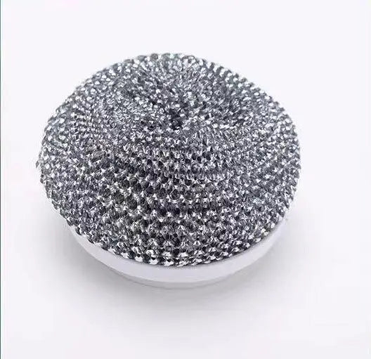 Silver stainless steel scrubber for effective dish cleaning and scrubbing tasks.