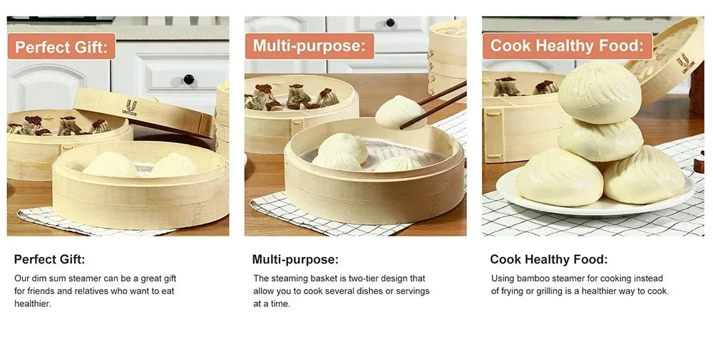 Handmade Bamboo Steamer 3 Tier & Lid Premium Bamboo Steamer Basket 100% Natural Bamboo Rolls Chicken Fish and 10 Inch Meat