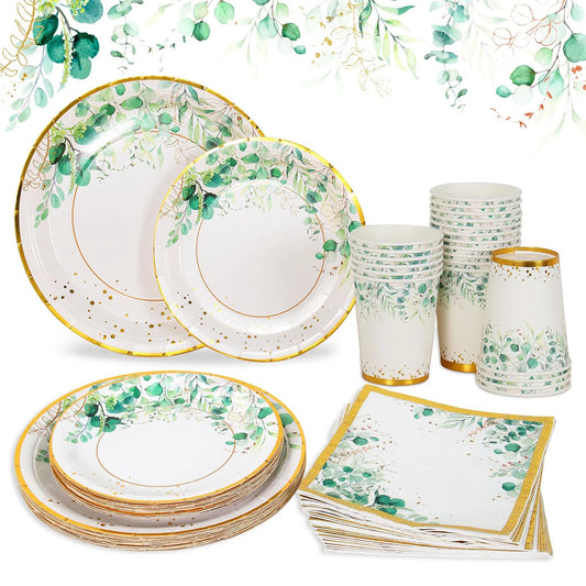 96pcs Green Party Tableware Set - Eucalyptus Paper Plates, Cups, Napkins for 24 Guests, Ideal for Birthday, Wedding, Home Decor