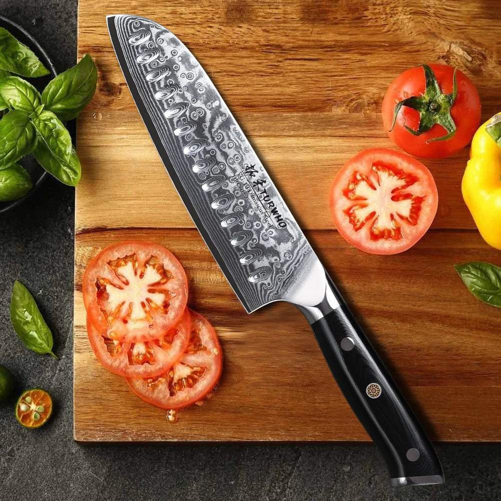 TURWHO 7" Japanese Style Santoku Knife Damascus Steel Professional Chef Knife Slicing Meat Cleaver Beef Kitchen Cooking Tools